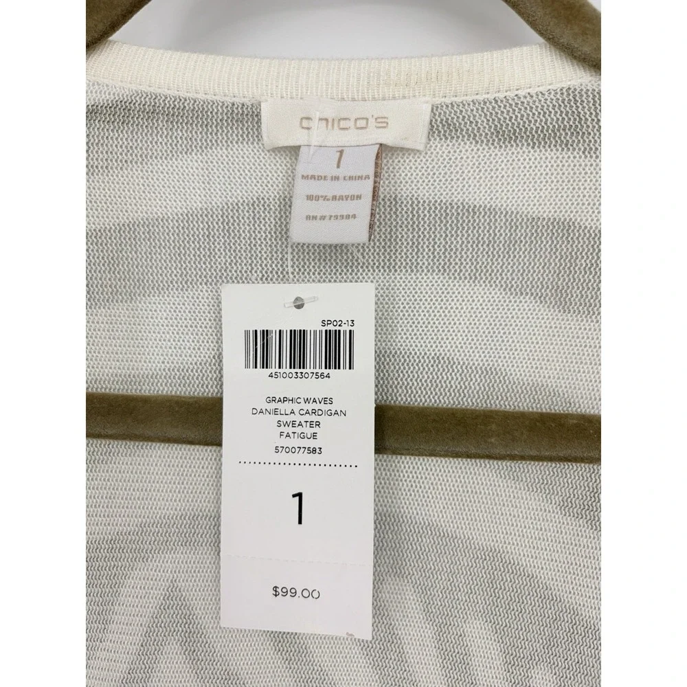 New Chico's Daniella Cardigan Graphic Waves Size 1 Long Line Open Rayon